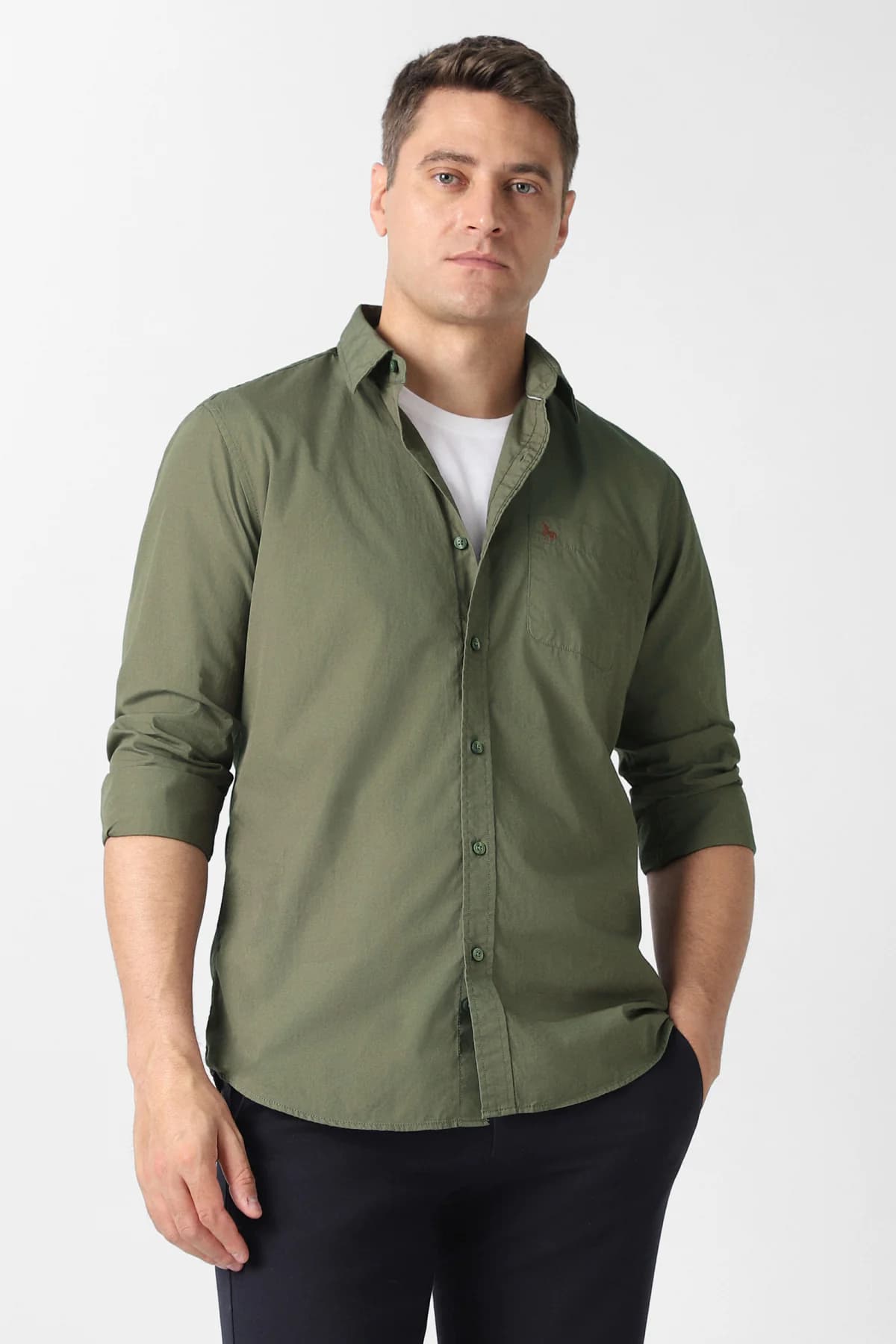 Men's Green Caual Slim Fit Solid Full Sleeves Shirt