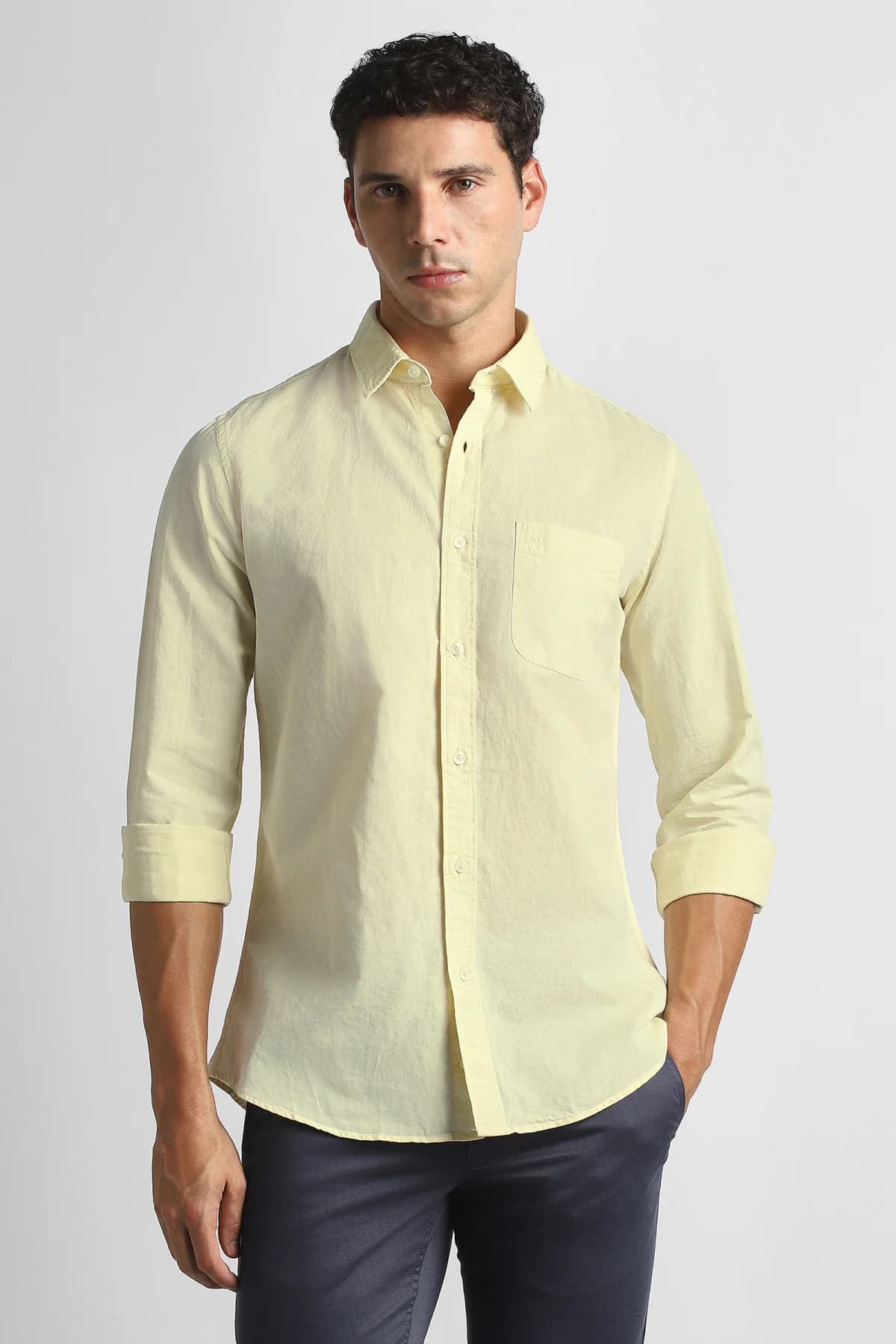 Men's Yellow Caual Slim Fit Solid Full Sleeves Shirt