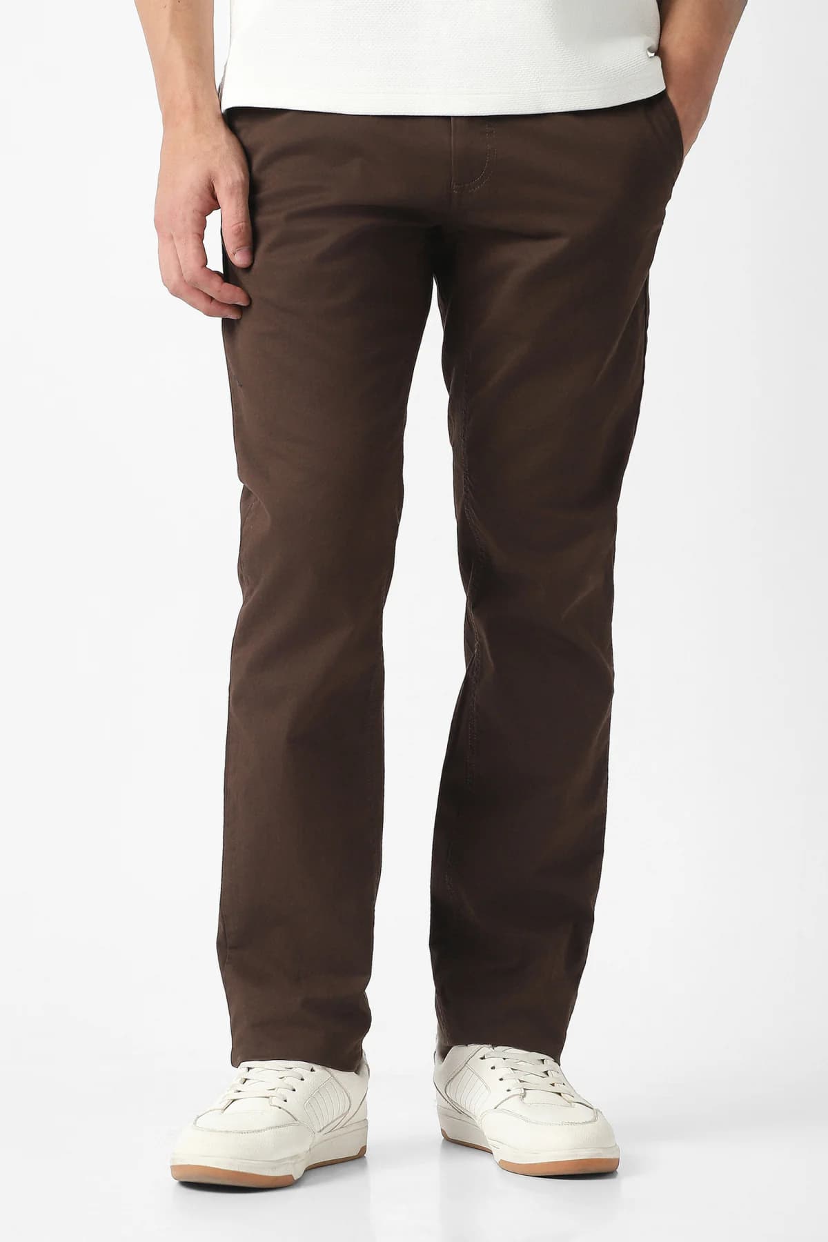 Men's Brown Caual Solid Slim Fit Trouser
