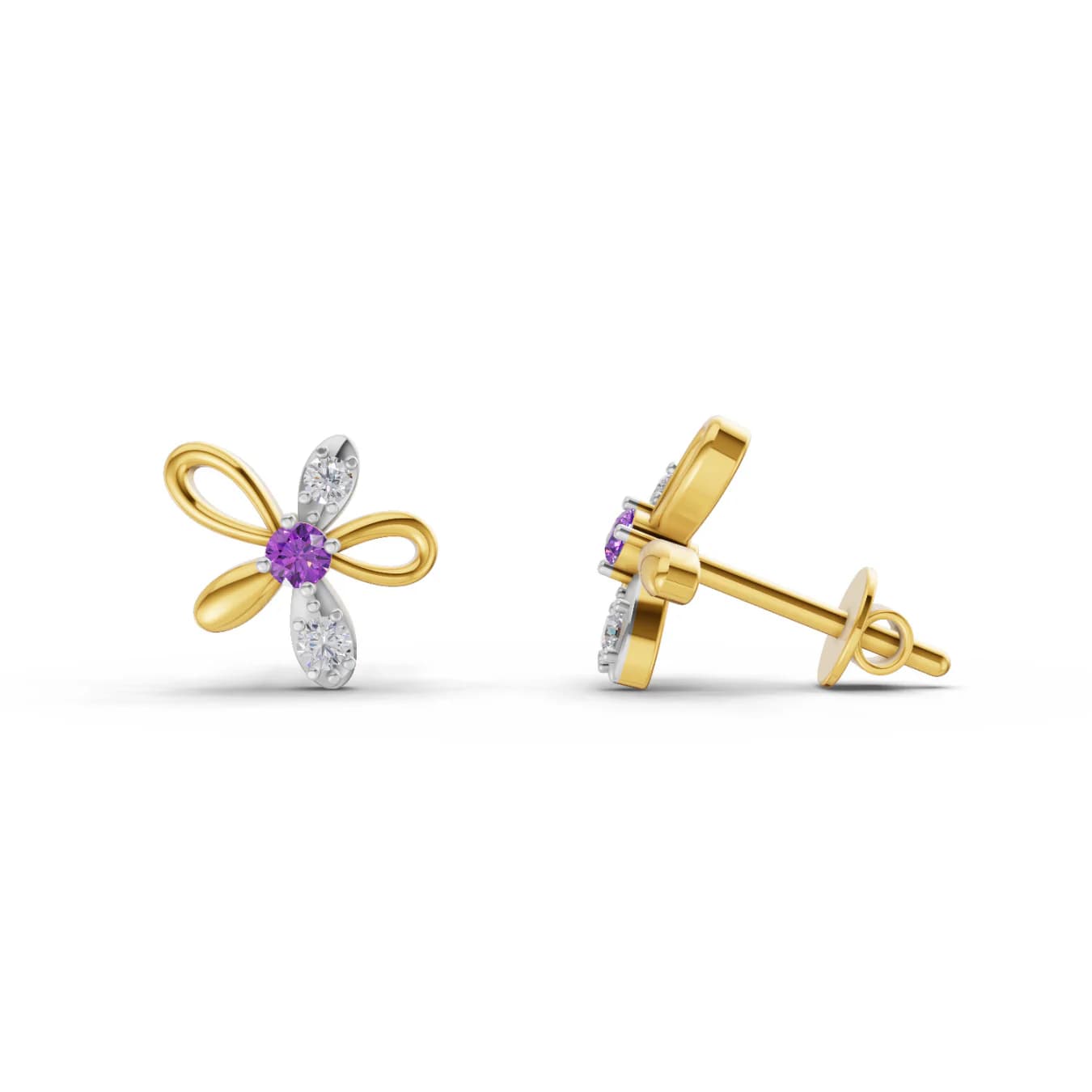 Women's Lab Grown 0.05 Carat F-G VS Quality Diamond 925 Sterling Silver Yellow Gold Plated Floral Earrings