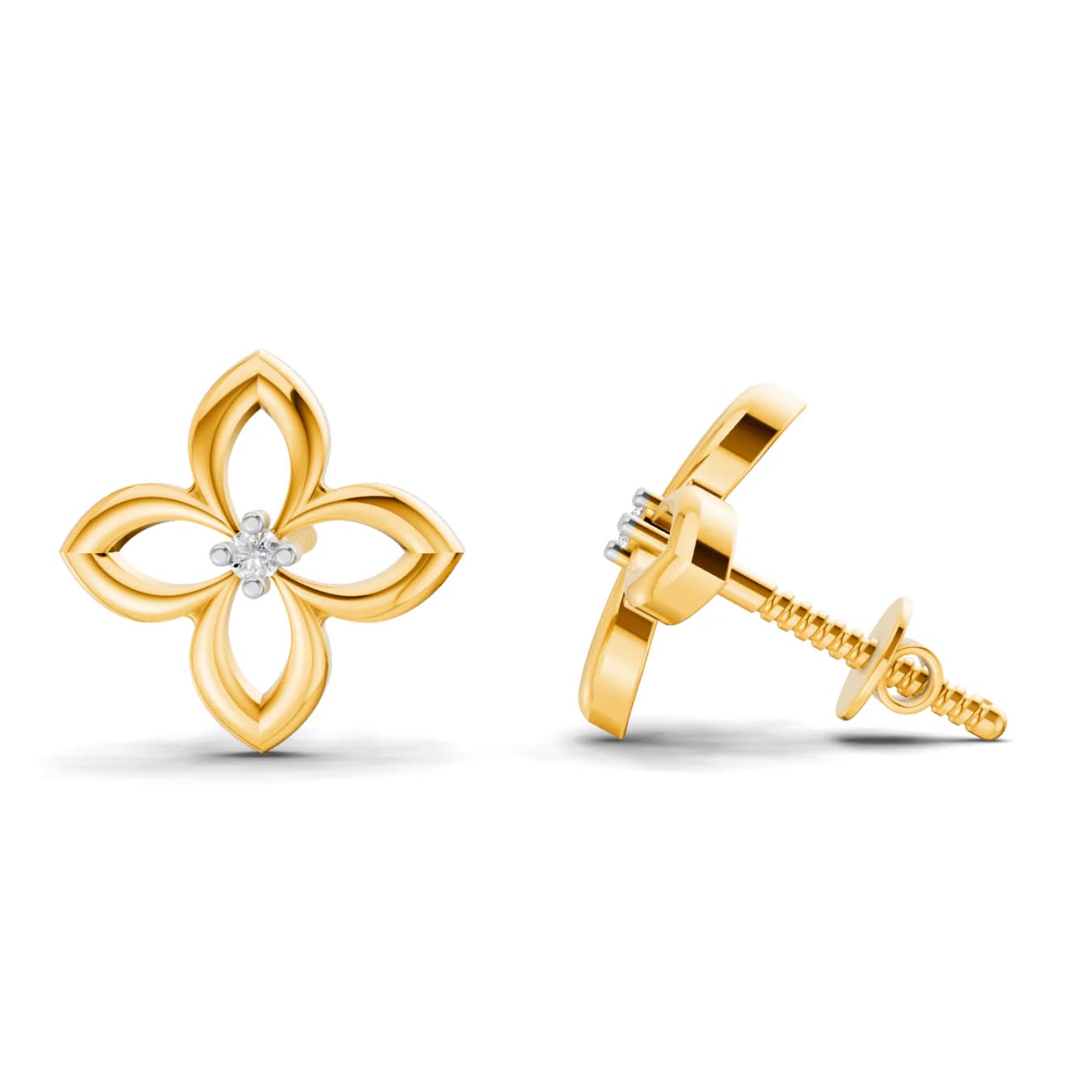 Women's Lab Grown 0.02 Carat F-G VS Quality Diamond 925 Sterling Silver Yellow Gold Plated Flower Stud Earrings