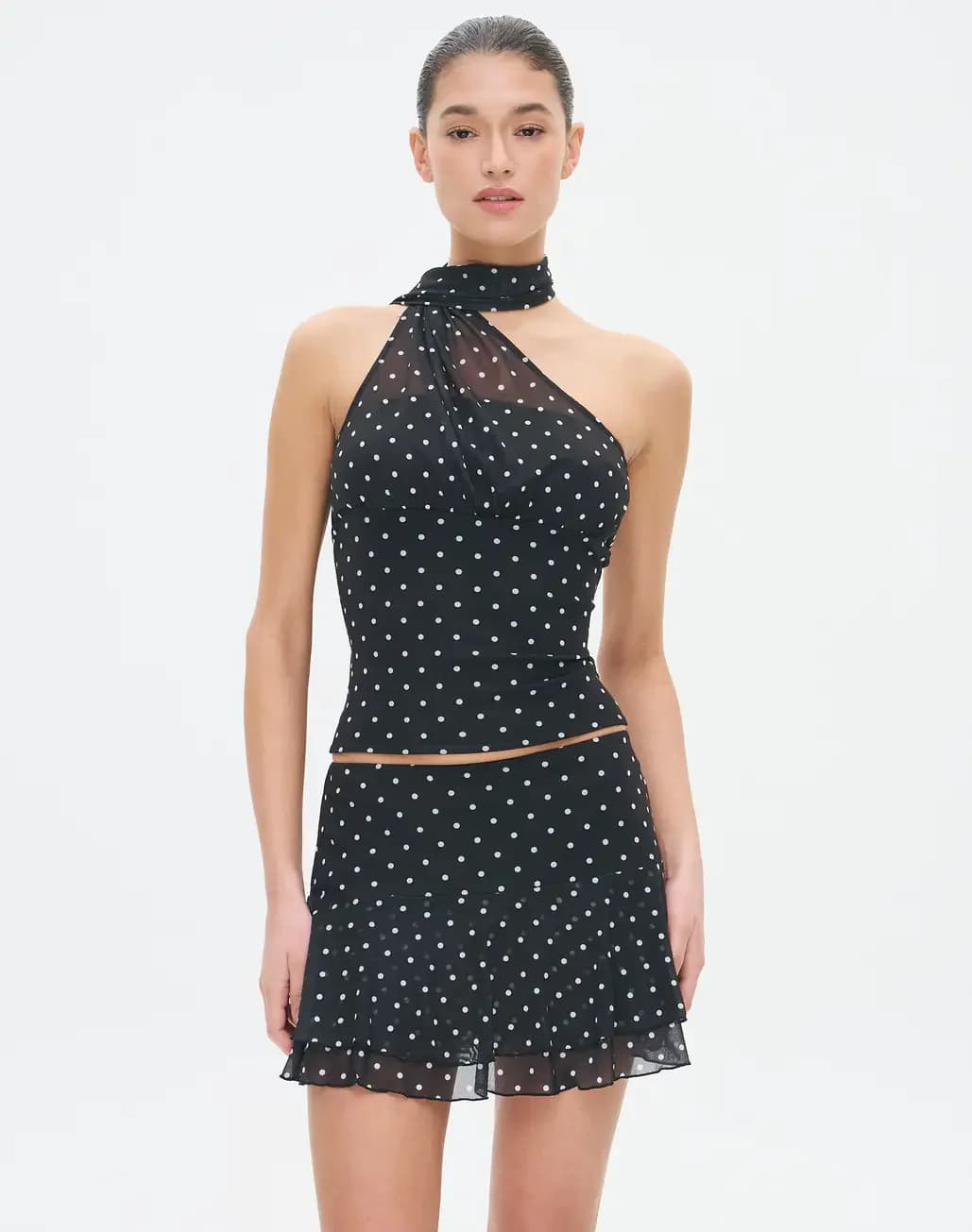 Women's Black Casual Polka Dot Sleeveless Fit & Flared Co-ords Set
