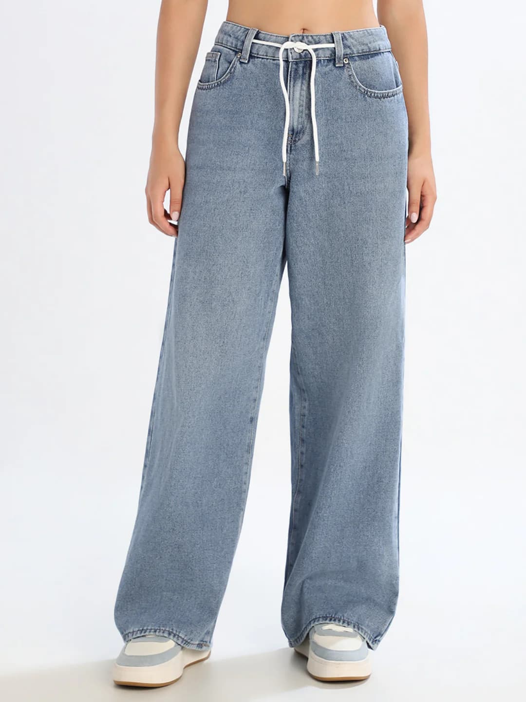 Women's Blue Casual High Rise Wide Leg Faded Jeans