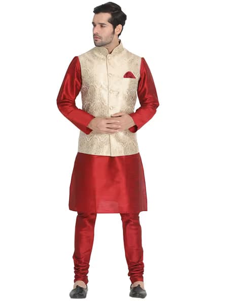 Men's Beige Self-Design Jacket, Red Kurta and Pyjama Set
