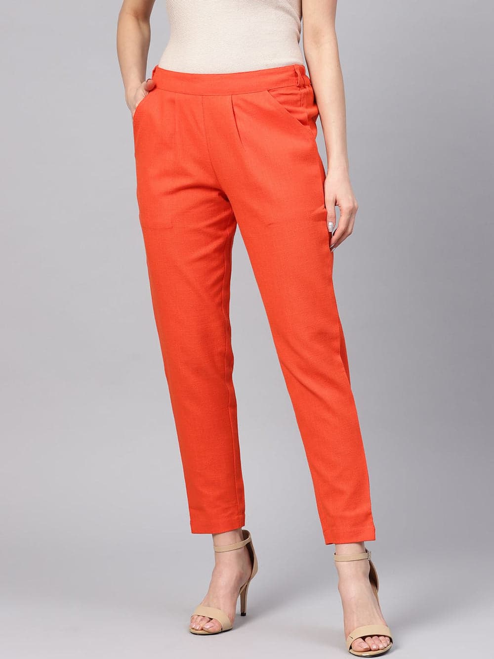 Women's Orange Casual Solid Regular Fit High Rise Trouser