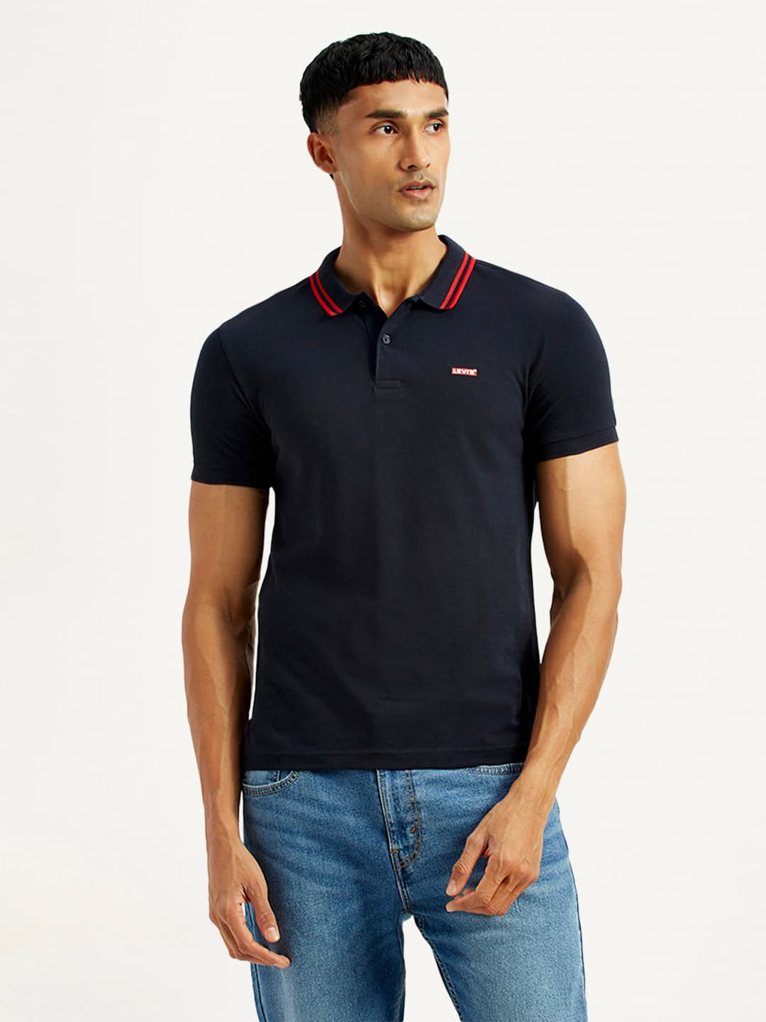 Men's Navy Casual Slim Fit Solid Half Sleeves Cotton Polo Tshirt