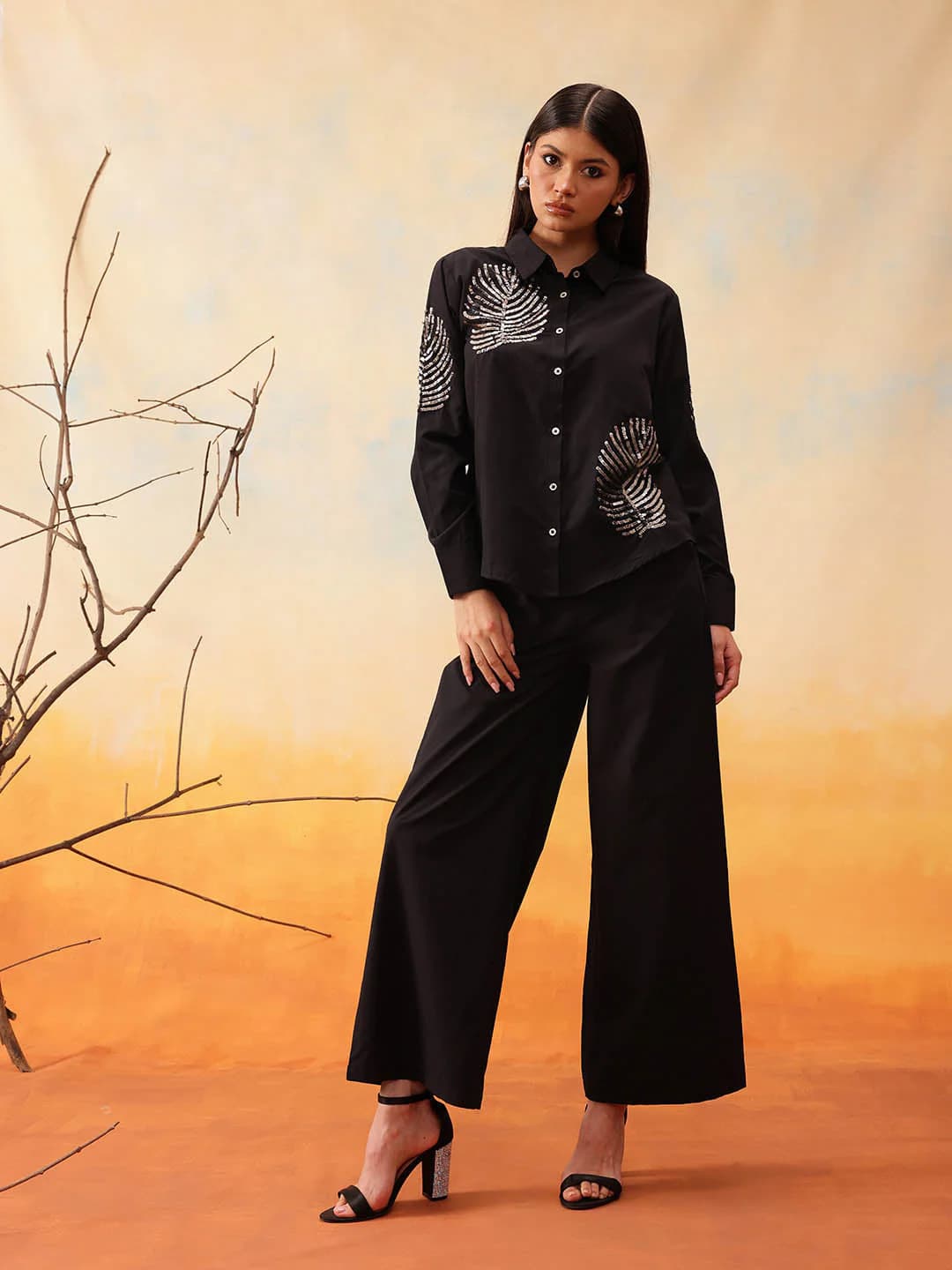 Women's Black Casual Embellished Shirt and Trouser