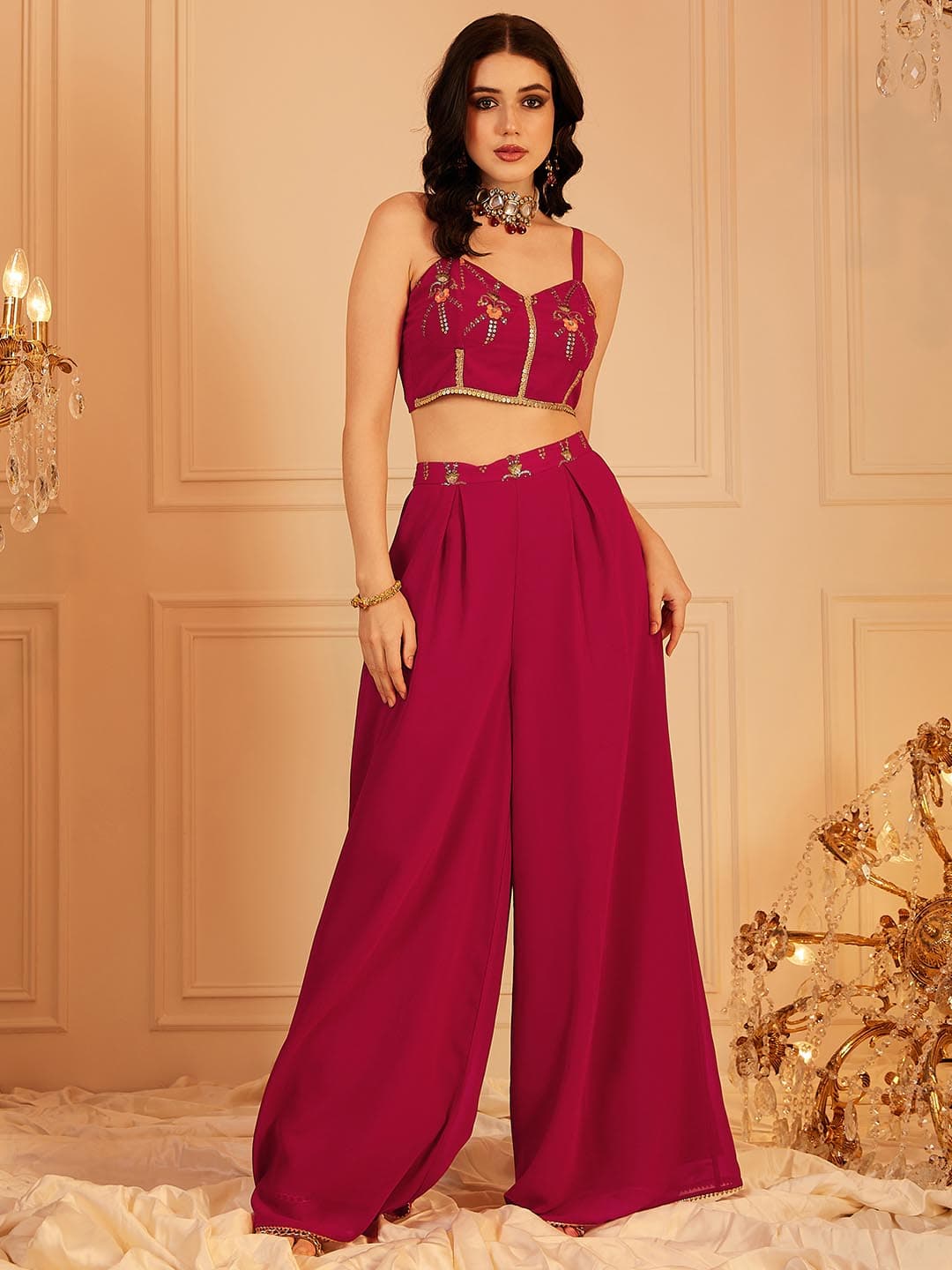 Women's Red Casual Embellished Sweetheart Neck Crop Top and Palazzo