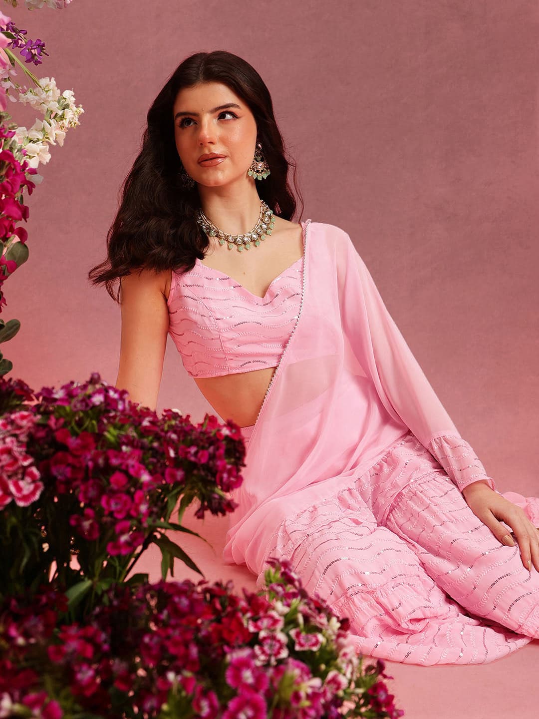 Women's Pink Casual Embellished Sweetheart Neck Crop Top and Sharara With Dupatta