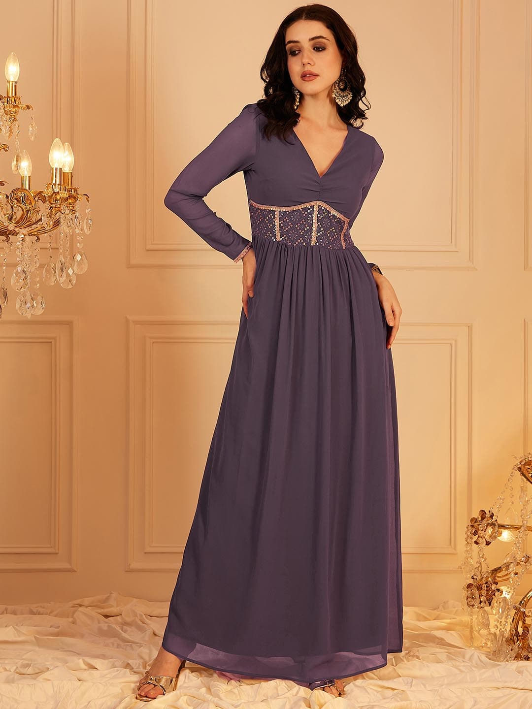 Women's Purple Casual Embellished V-Neck Fit & Flared Dress