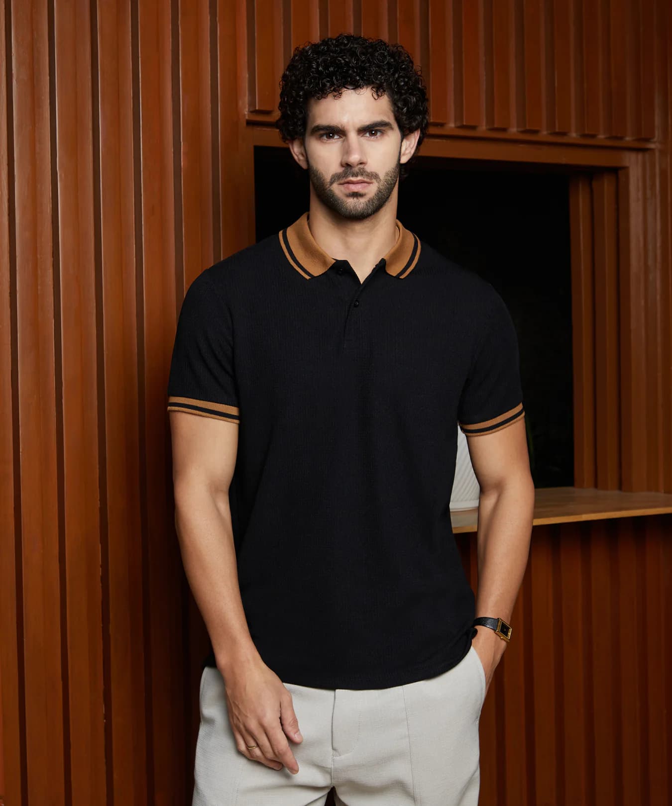 Men's Black Cuboid-Textured Casual Polo Tshirt
