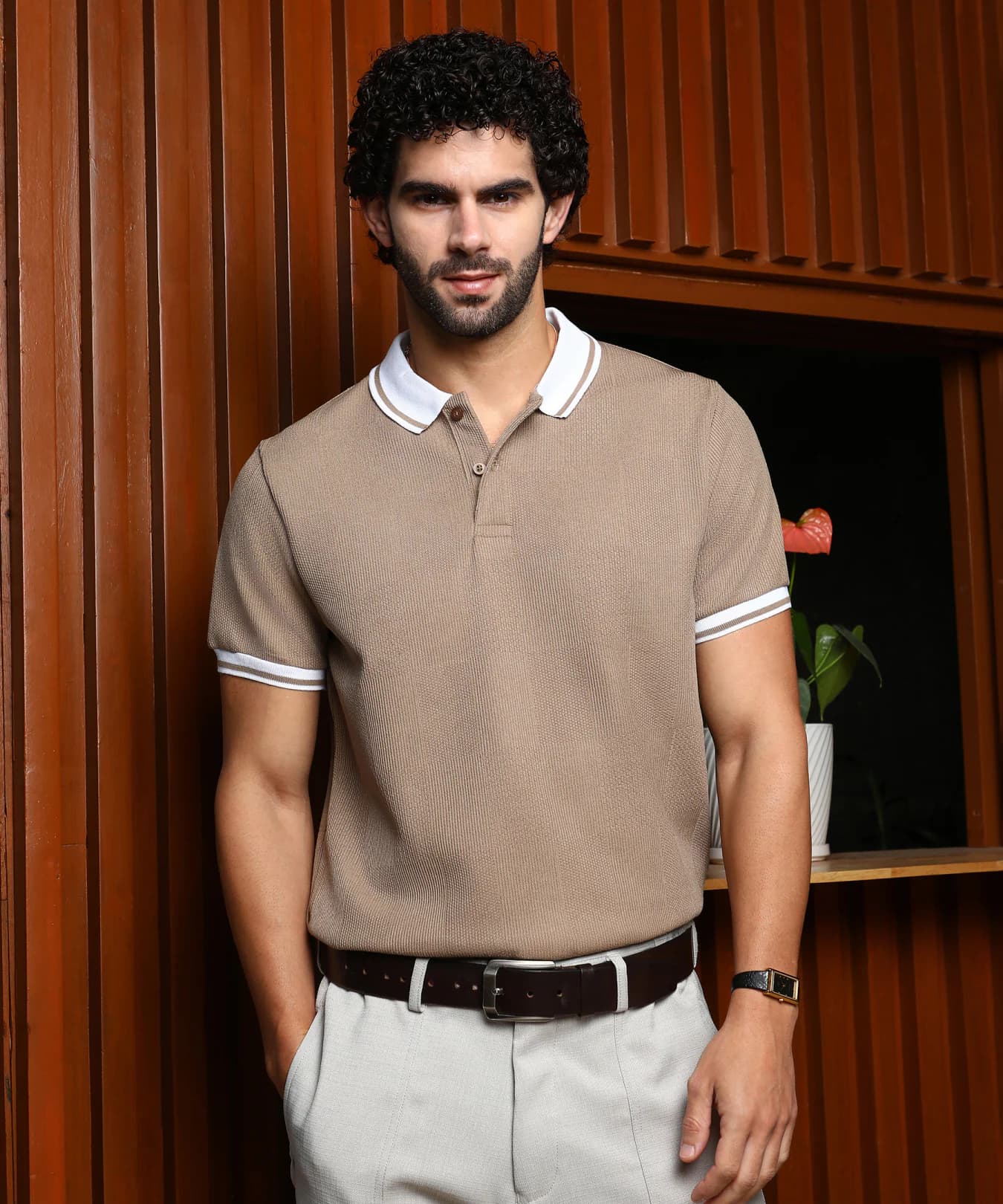 Men's Beige Cuboid-Textured Casual Polo Tshirt