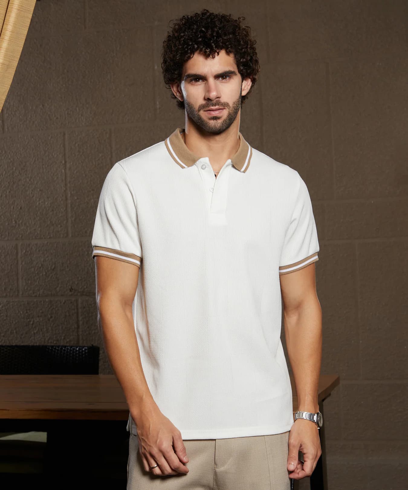 Men's White Casual Cuboid-Textured Polo Tshirt