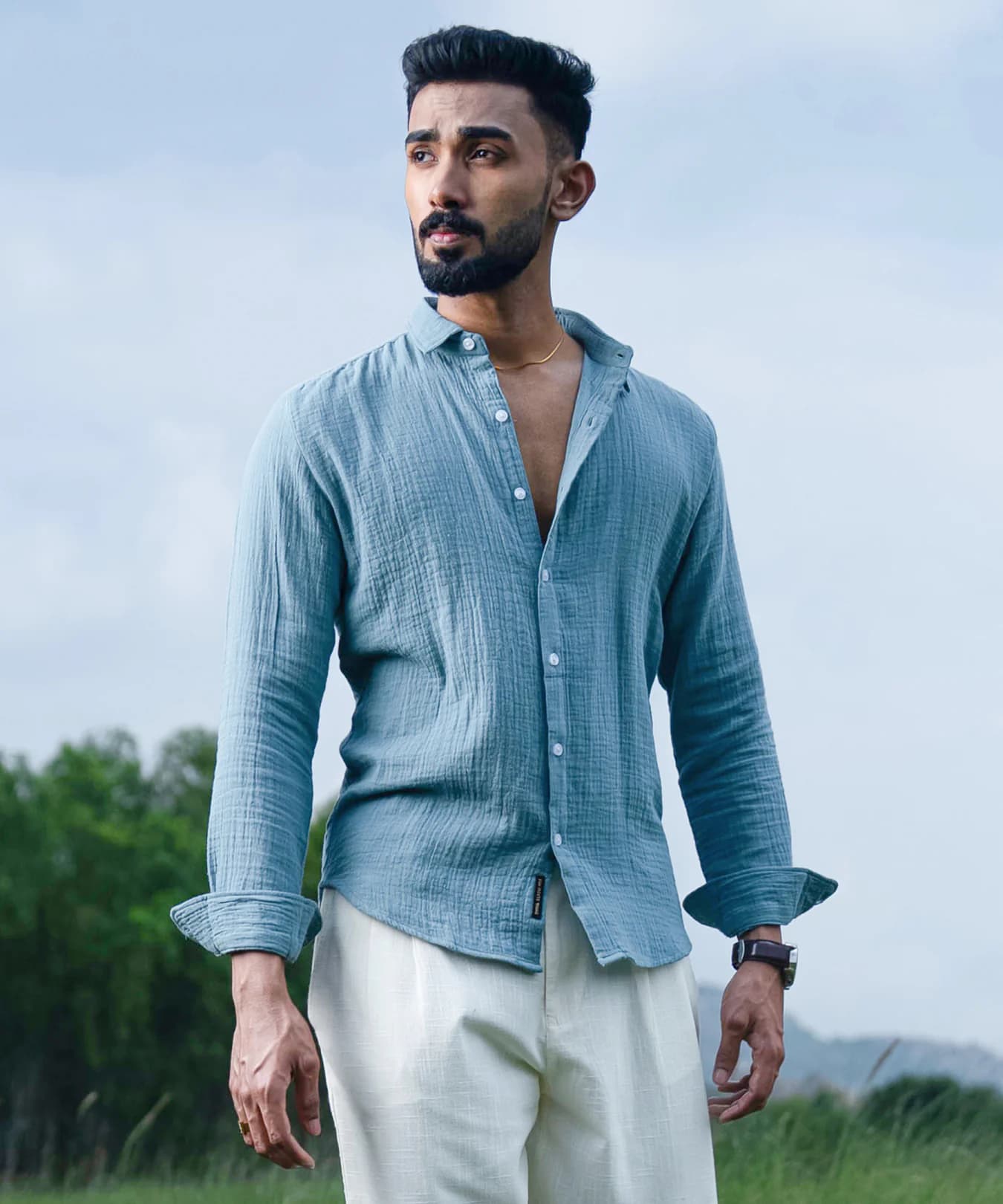 Men's Blue Casual Breezy-Weave Shirt