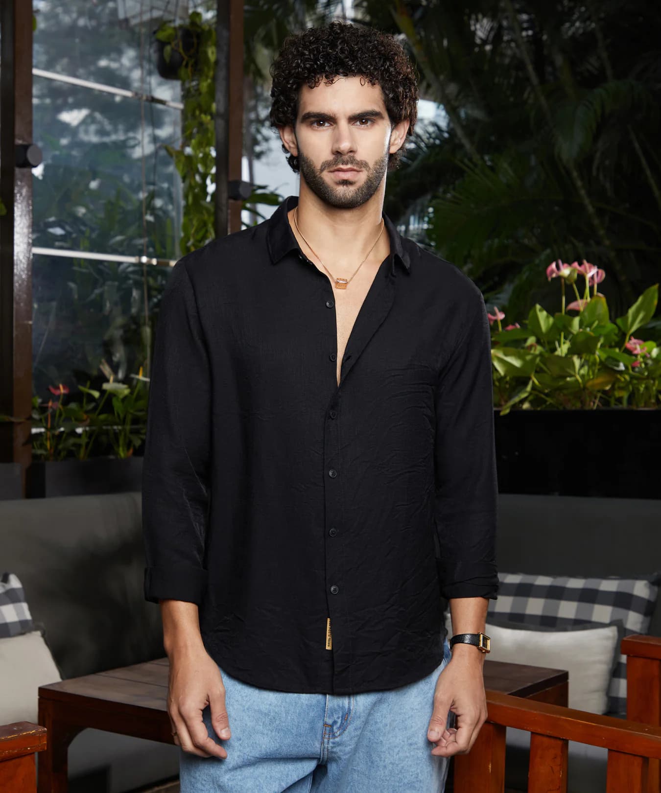 Men's Black Casual Breezy Wrinked Shirt