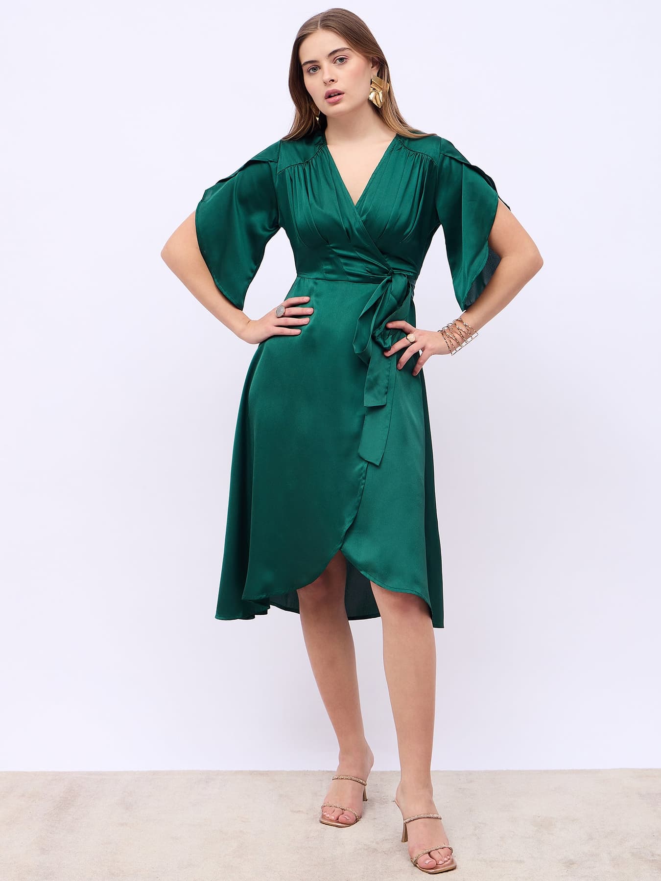 Women's Green V-Neck Wrap Flared Sleeves Midi Dress