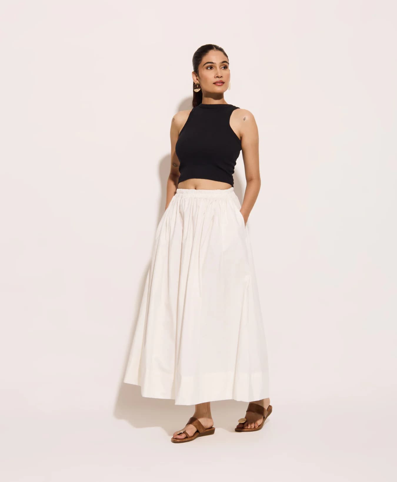 Women's White Casual Cotton Poplin High-Waist Breathable and Tailored A-Line Skirt