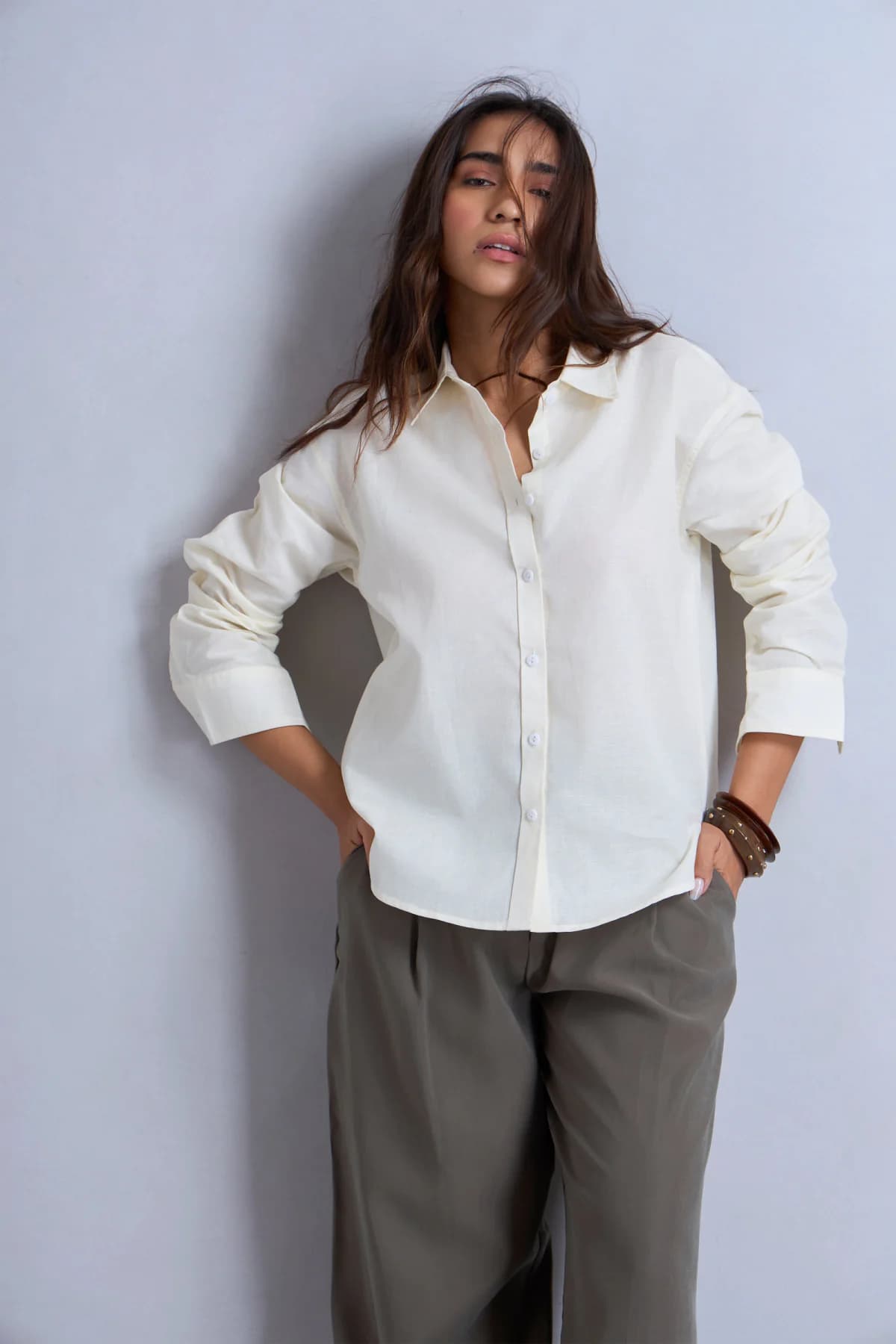 Women's Beige Casual Regular Fit Full Sleeves Solid Linen Shirt