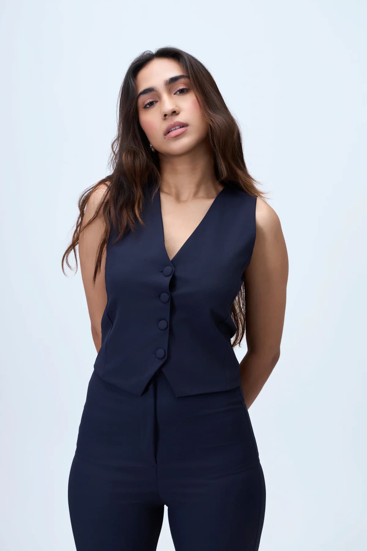 Women's Navy Casual Regular Fit Sleeveless Solid Waistcoat