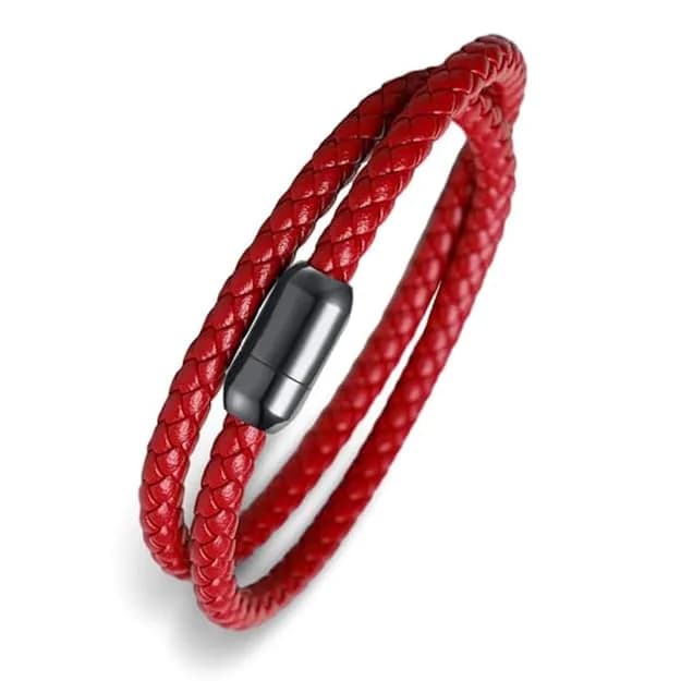 Men's and Boys Starry Twine Red - American Style Genuine Braided Leather Bracelet with Stainless Steel Clasp Magnetic Buckle - 8 Inch
