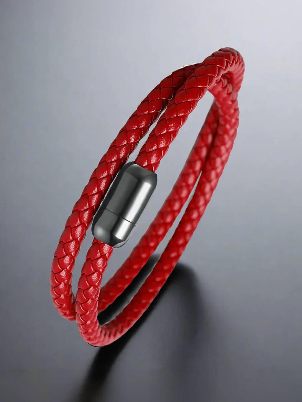 Men's and Boys Starry Twine Red - American Style Genuine Braided Leather Bracelet with Stainless Steel Clasp Magnetic Buckle - 8 Inch