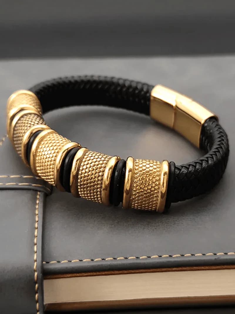 Men's and Boys Kairos Radiant Gold - Genuine Leather Braided Bracelet with Stainless Steel Magnetic Buckle - 8 Inch