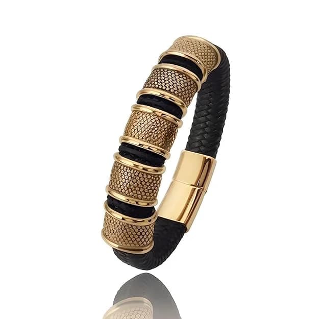 Men's and Boys Kairos Radiant Gold - Genuine Leather Braided Bracelet with Stainless Steel Magnetic Buckle - 8 Inch