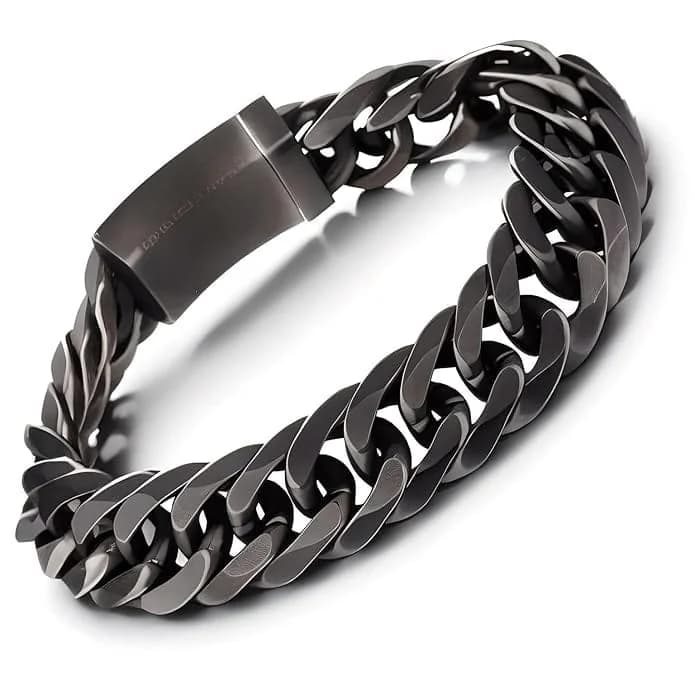 Men's and Boys Gravitas Link - 11.5 mm Pure Black Titanium Steel Bracelet with Push Button Clasp - 8 Inch