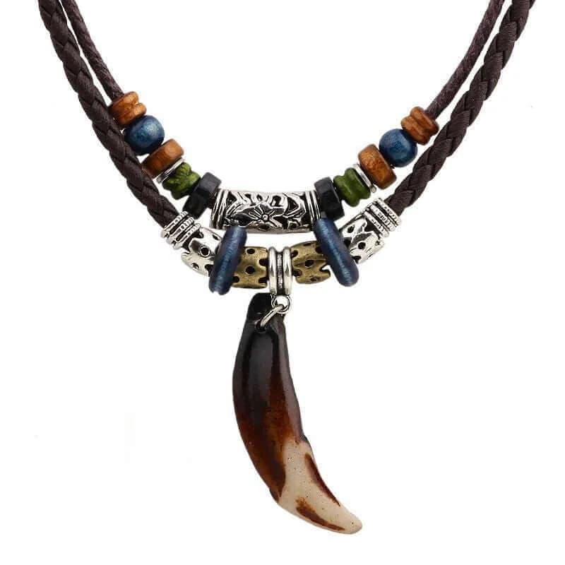 Men's and Boys Bohemian Wolf Tooth - Pendant with Beaded Multilayer Adjustable Rope Necklace