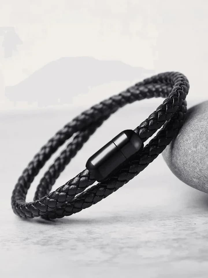 Men's and Boys Starry Twine Black - American Style Genuine Braided Leather Bracelet with Stainless Steel Clasp Magnetic Buckle - 8 Inch