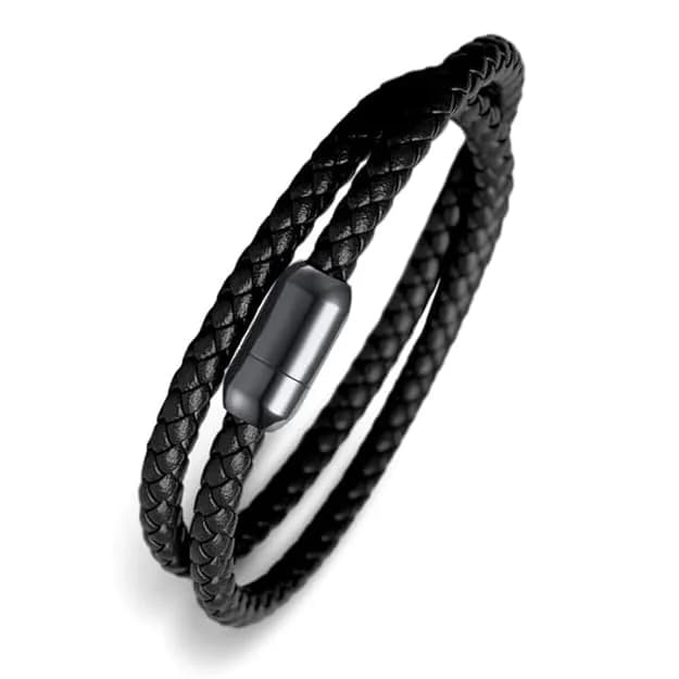 Men's and Boys Starry Twine Black - American Style Genuine Braided Leather Bracelet with Stainless Steel Clasp Magnetic Buckle - 8 Inch