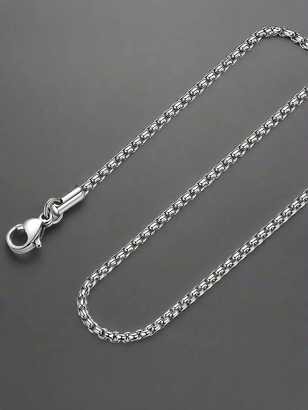 Men's and Boys Silver Rounded Box - 3mm Chain Stainless Steel 20 Inch Necklace