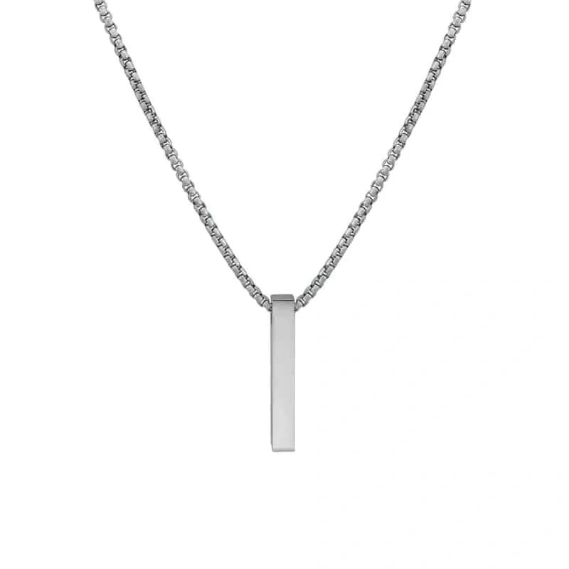 Men's and Boys The Ultra Sleek T - Pure Titanium Steel Ultra Polished 3d Silver Cuboid Vertical Bar Pendant with 24 Inch Round Box Chain