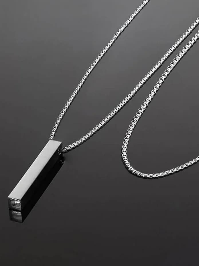 Men's and Boys The Ultra Sleek T - Pure Titanium Steel Ultra Polished 3d Silver Cuboid Vertical Bar Pendant with 24 Inch Round Box Chain