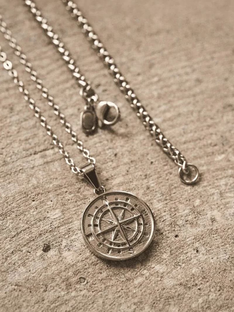 Men's North Star T - Silver Tone Pure Titanium Steel Pendant with Stainless Steel Round Box Chain Set - 24-Inch and 3mm Rope Chain
