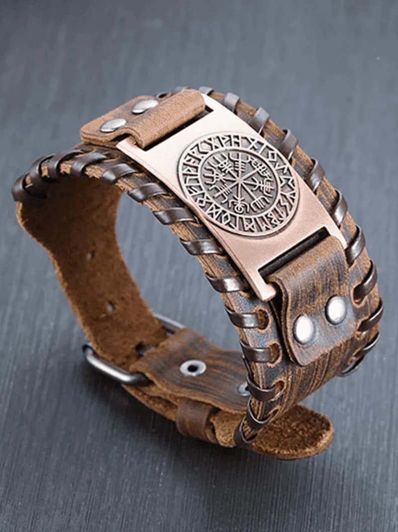 Men's and Boys Wayfinder Viking Brown - 38 Mm Wide Genuine Leather Adjustable Cuff Bracelet with Stainless Steel Hook