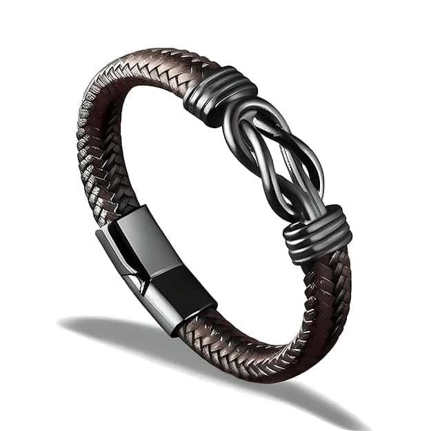 Men's and Boys Love Knot Brown - Genuine Leather Braided Bracelet with Stainless Steel Magnetic Buckle - 8 Inch