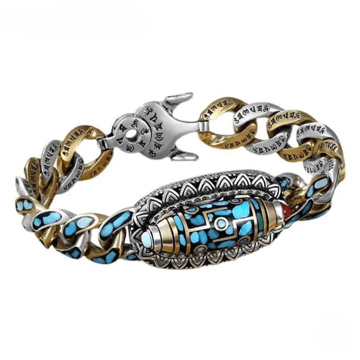Men's and Boys Turquoise Nine-Eyed Dzi - 12mm Pure Copper Bracelet with Box Clasp - 8 Inch