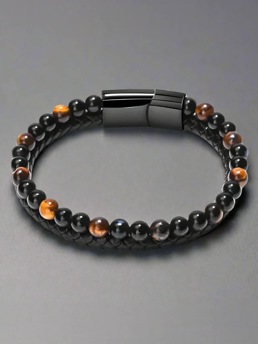 Men's and Boys Natural Tiger Eye Healer Beads - Tiger Eye Stone and Black Onyx Leather Stainless Steel Magnetic Buckle Bracelet - 7.5 Inch