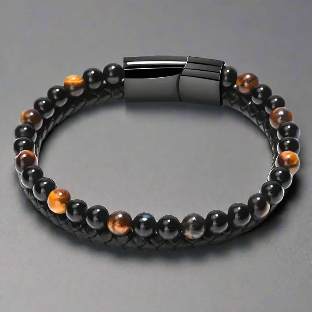 Men's and Boys Natural Tiger Eye Healer Beads - Tiger Eye Stone and Black Onyx Leather Stainless Steel Magnetic Buckle Bracelet - 7.5 Inch