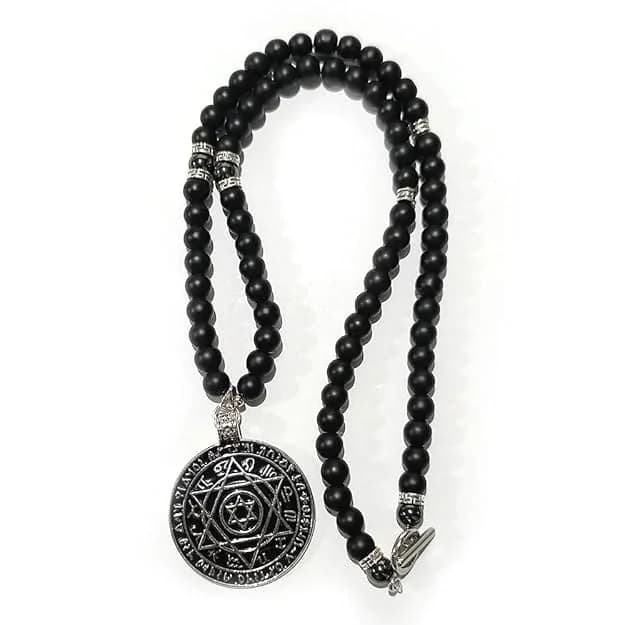 Men's and Boys Hexagram - 8 mm Black Natural Onyx Beads Necklace - 24 Inch