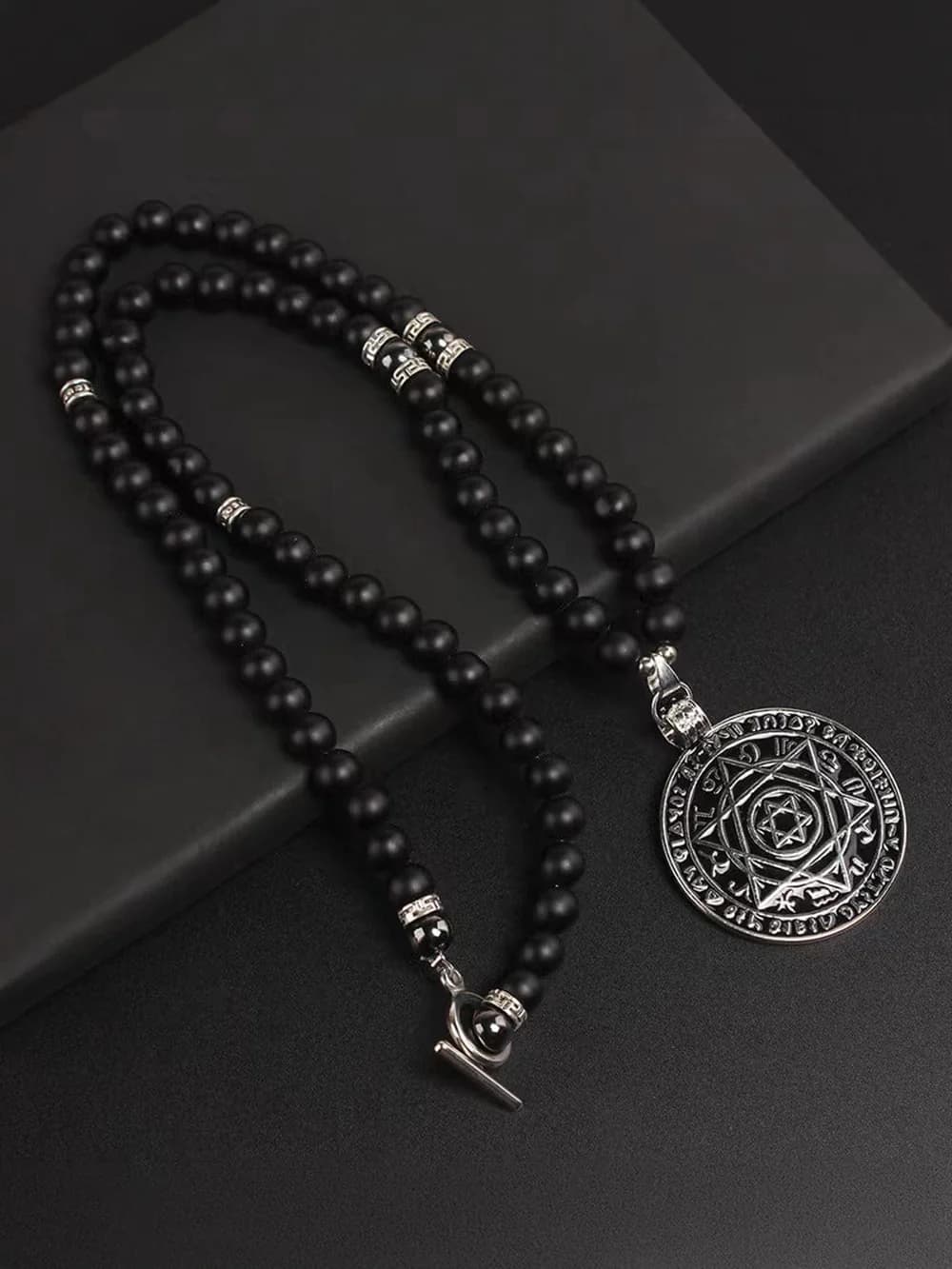 Men's and Boys Hexagram - 8 mm Black Natural Onyx Beads Necklace - 24 Inch