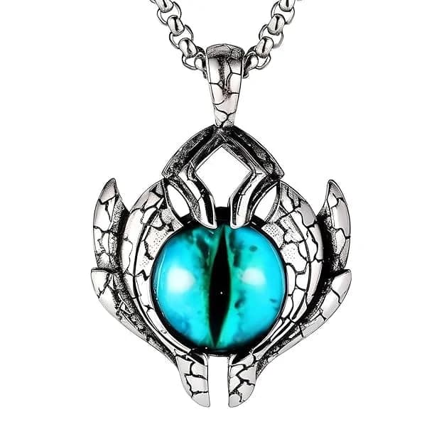 Men's and Boys Blue Eye Protect T - Pure Titanium Steel Pendant with Round Box Chain - 24 Inch