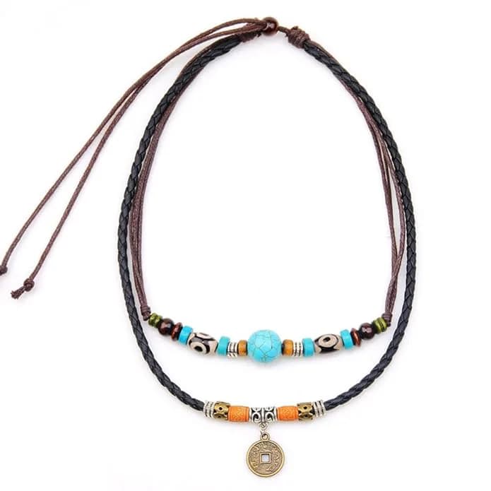 Men's and Boys Vintage Retro Coin - Two-Layered Necklace with Wax Rope and Faux Adjustable Necklace