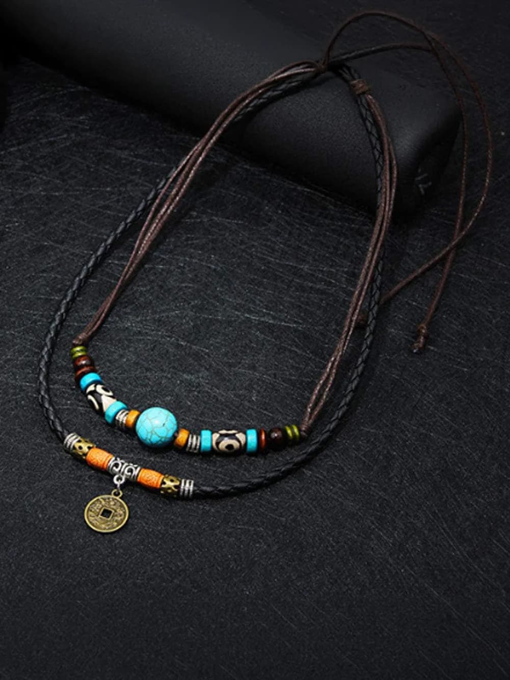 Men's and Boys Vintage Retro Coin - Two-Layered Necklace with Wax Rope and Faux Adjustable Necklace