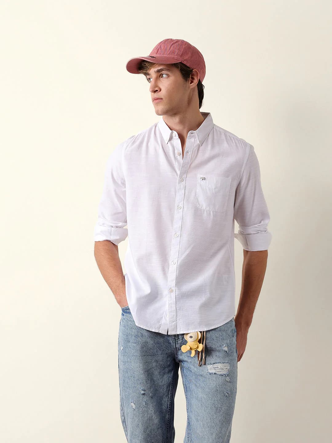 Men's White Slub-Textured Woven Slim Fit Casual Shirt