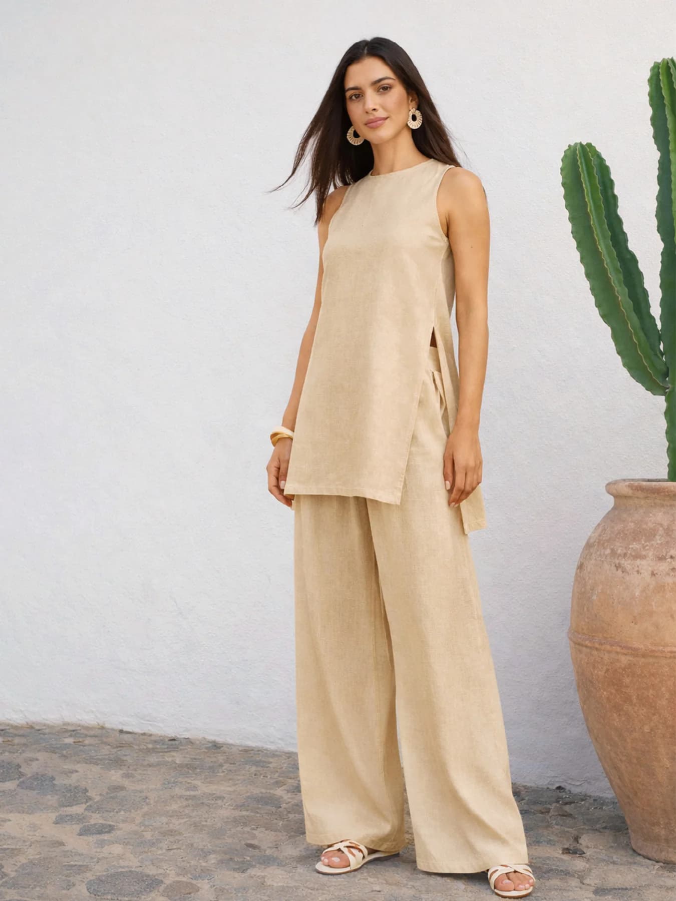 Women's Beige Casual Solid Long Line Top With Straight Wide Leg Pant