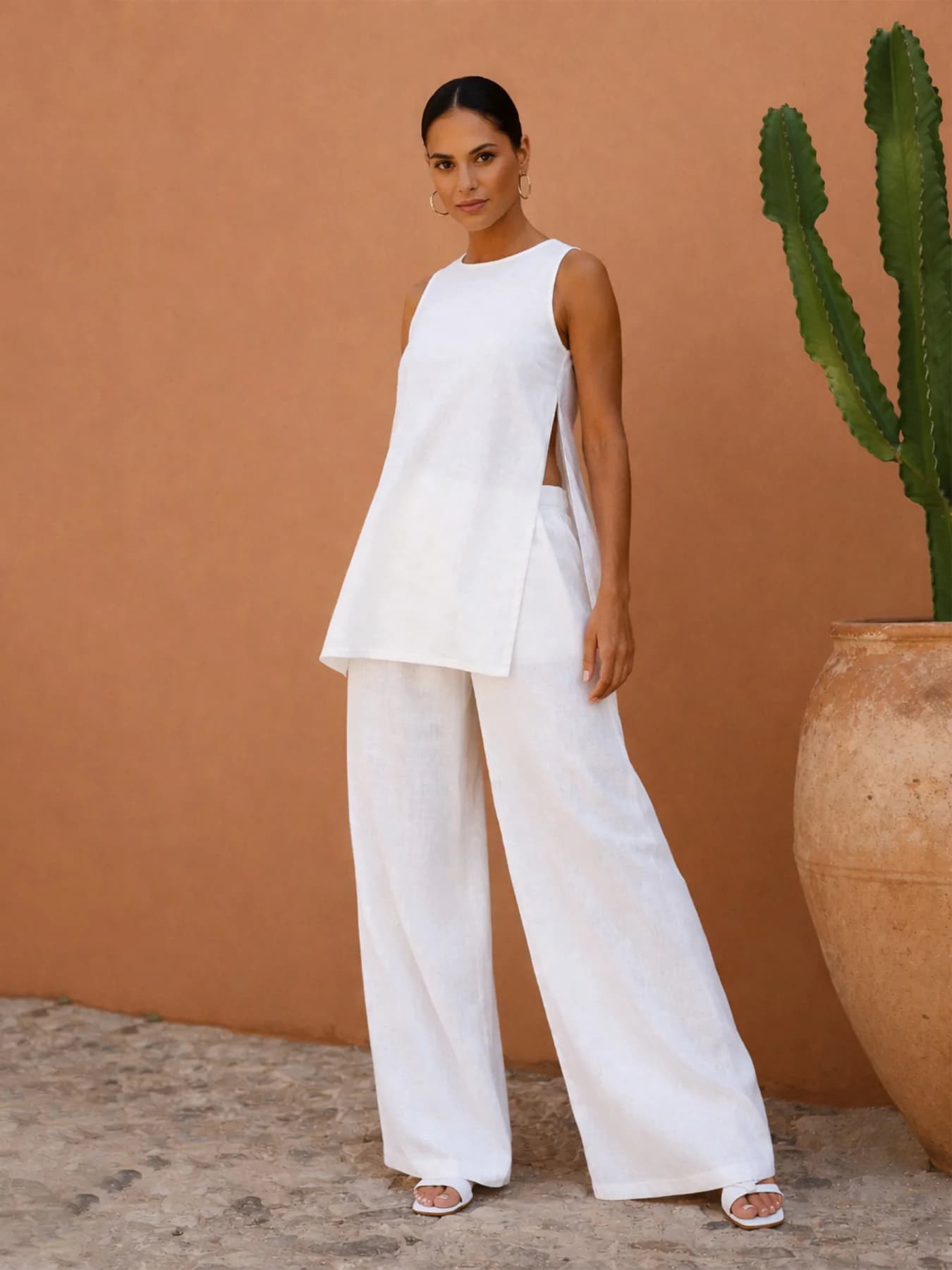 Women's White Casual Solid Long Line Top With Straight Wide Leg Pant