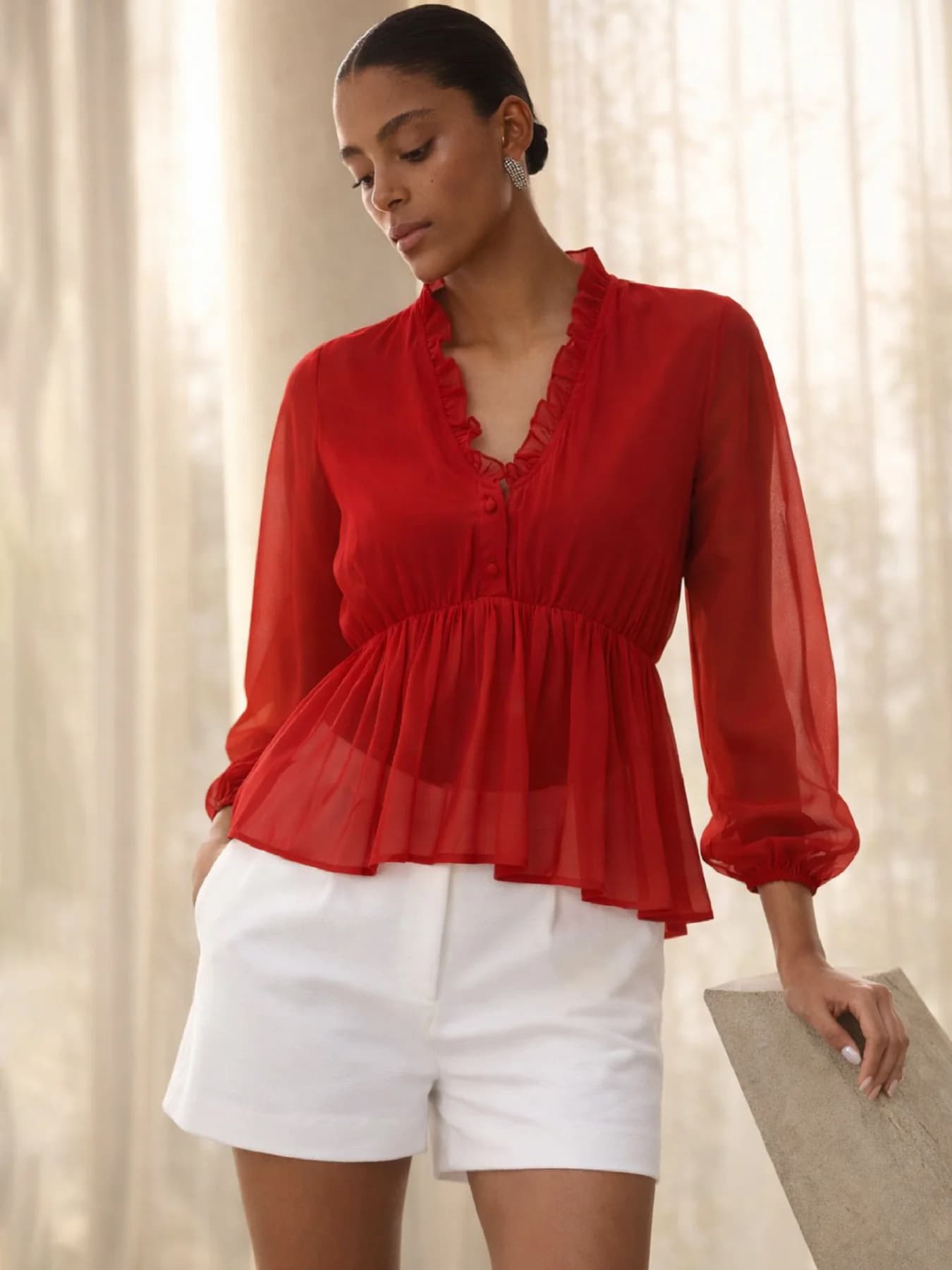 Women's Red Casual Fit & Flared Solid Full Sleeves Top