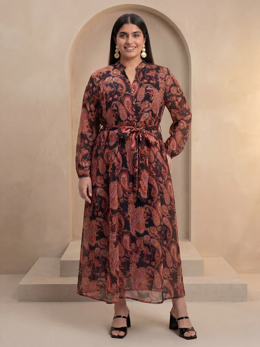 Women's Gloplus Multicolor Paisley Print Mandarin Collar Raglan Sleeves Belted Lurex Detail Fit and Flare Plus Size Maxi Dress